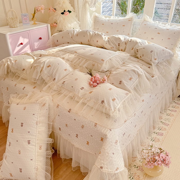 91家纺网 家纺一手货源 找家纺 韩约家纺 2026新款法式双层蕾丝花边古法棉感四件套 童年