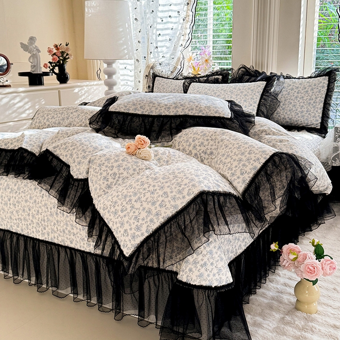 91家纺网 家纺一手货源 找家纺 韩约家纺 2026新款法式双层蕾丝花边古法棉感四件套 蓝汐