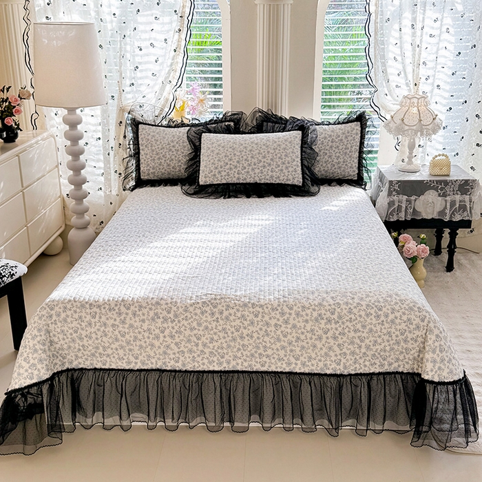 91家纺网 家纺一手货源 找家纺 韩约家纺 2026新款法式双层蕾丝花边古法棉感四件套 蓝汐