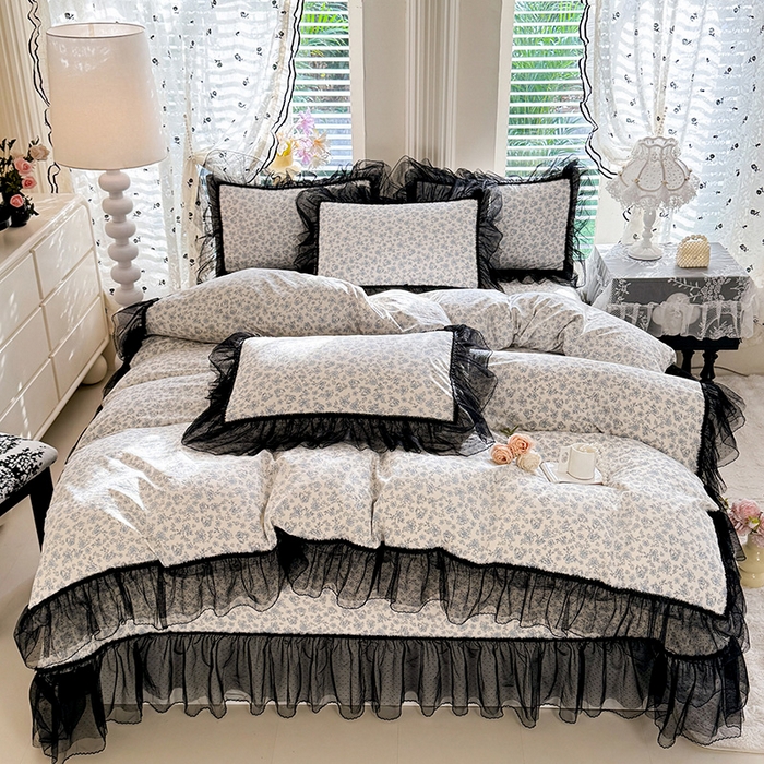 91家纺网 家纺一手货源 找家纺 韩约家纺 2026新款法式双层蕾丝花边古法棉感四件套 蓝汐