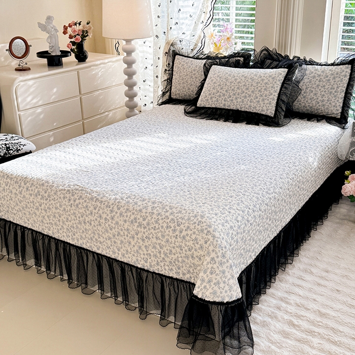 91家纺网 家纺一手货源 找家纺 韩约家纺 2026新款法式双层蕾丝花边古法棉感四件套 蓝汐