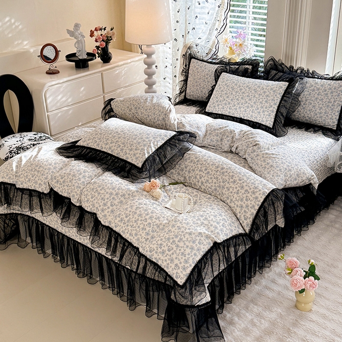 91家纺网 家纺一手货源 找家纺 韩约家纺 2026新款法式双层蕾丝花边古法棉感四件套 蓝汐