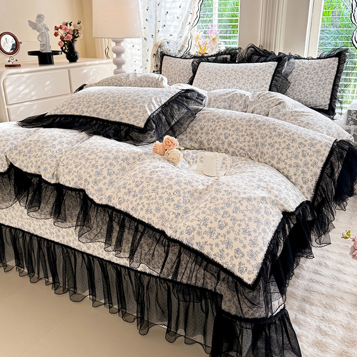 91家纺网 家纺一手货源 找家纺 韩约家纺 2026新款法式双层蕾丝花边古法棉感四件套 蓝汐