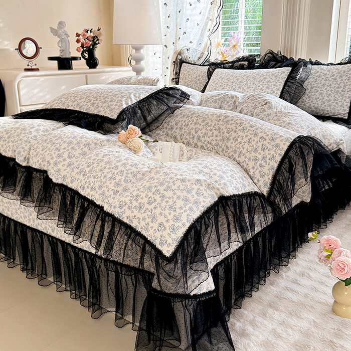 91家纺网 家纺一手货源 找家纺 韩约家纺 2026新款法式双层蕾丝花边古法棉感四件套 蓝汐