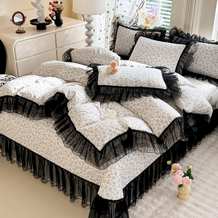 91家纺网 家纺一手货源 找家纺 韩约家纺 2026新款法式双层蕾丝花边古法棉感四件套 蓝汐