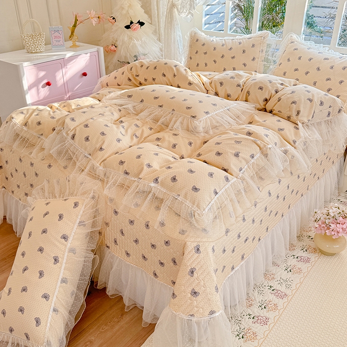 韩约家纺 2026新款法式双层蕾丝花边古法棉感四件套 蝶帕