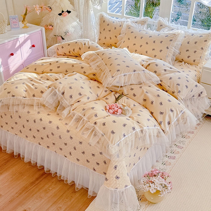 91家纺网 家纺一手货源 找家纺 韩约家纺 2026新款法式双层蕾丝花边古法棉感四件套 蝶帕