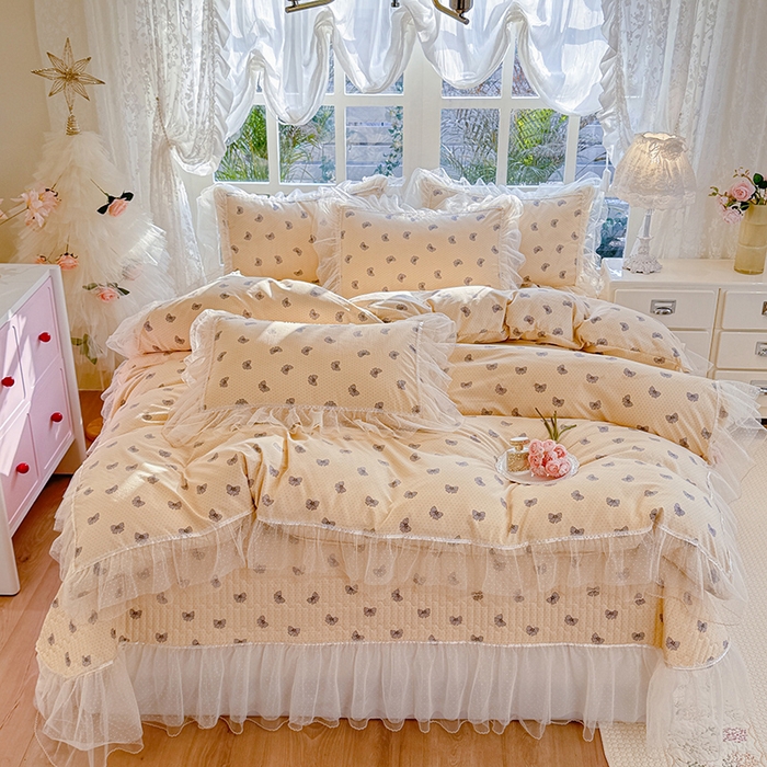 91家纺网 家纺一手货源 找家纺 韩约家纺 2026新款法式双层蕾丝花边古法棉感四件套 蝶帕