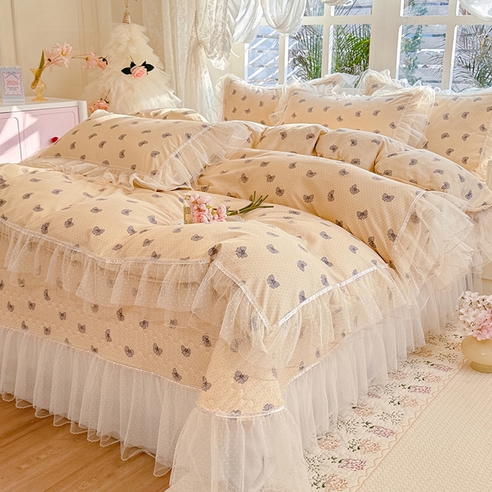 91家纺网 家纺一手货源 找家纺 韩约家纺 2026新款法式双层蕾丝花边古法棉感四件套 蝶帕