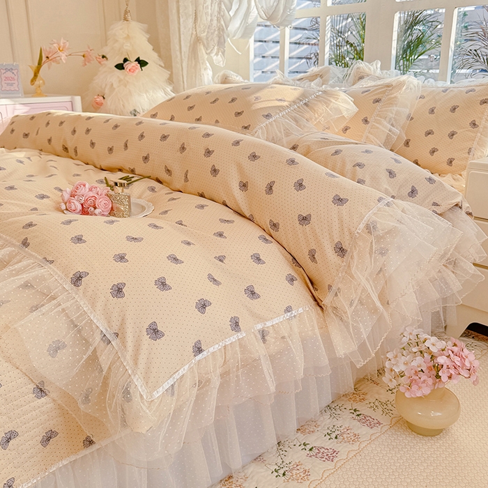 91家纺网 家纺一手货源 找家纺 韩约家纺 2026新款法式双层蕾丝花边古法棉感四件套 蝶帕