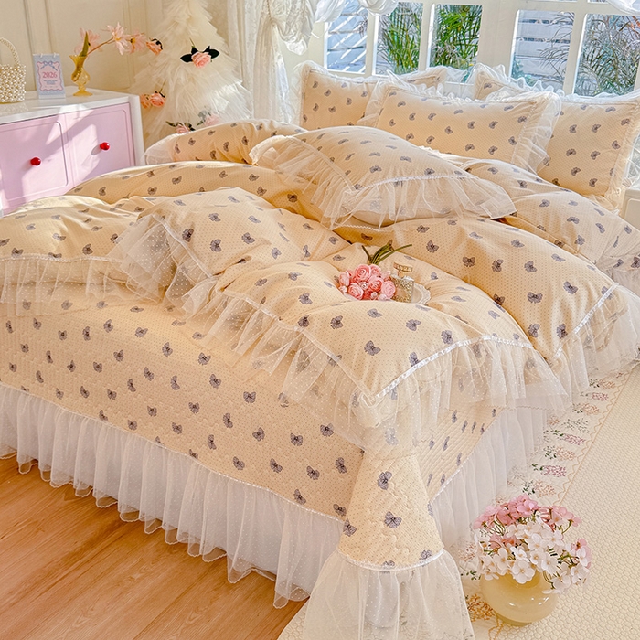 91家纺网 家纺一手货源 找家纺 韩约家纺 2026新款法式双层蕾丝花边古法棉感四件套 蝶帕