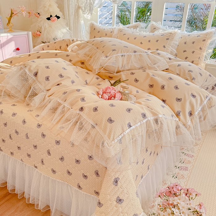 91家纺网 家纺一手货源 找家纺 韩约家纺 2026新款法式双层蕾丝花边古法棉感四件套 蝶帕