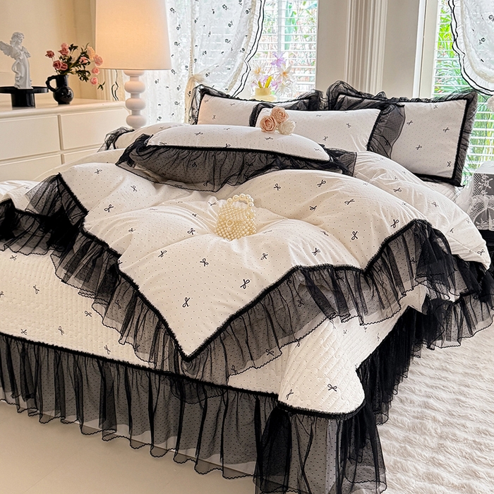 91家纺网 家纺一手货源 找家纺 韩约家纺 2026新款法式双层蕾丝花边古法棉感四件套 浅浅