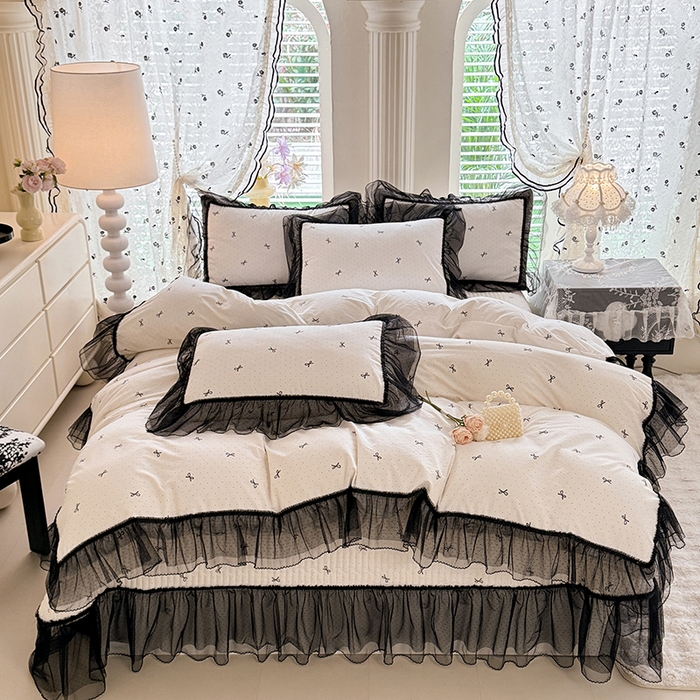 91家纺网 家纺一手货源 找家纺 韩约家纺 2026新款法式双层蕾丝花边古法棉感四件套 浅浅