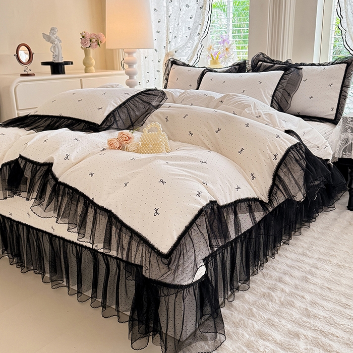 91家纺网 家纺一手货源 找家纺 韩约家纺 2026新款法式双层蕾丝花边古法棉感四件套 浅浅