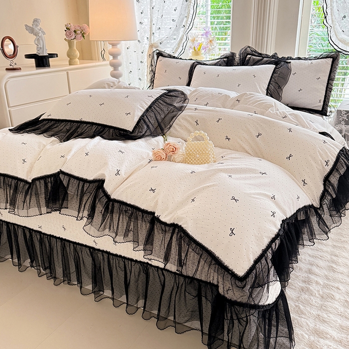 91家纺网 家纺一手货源 找家纺 韩约家纺 2026新款法式双层蕾丝花边古法棉感四件套 浅浅