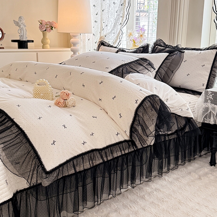 91家纺网 家纺一手货源 找家纺 韩约家纺 2026新款法式双层蕾丝花边古法棉感四件套 浅浅