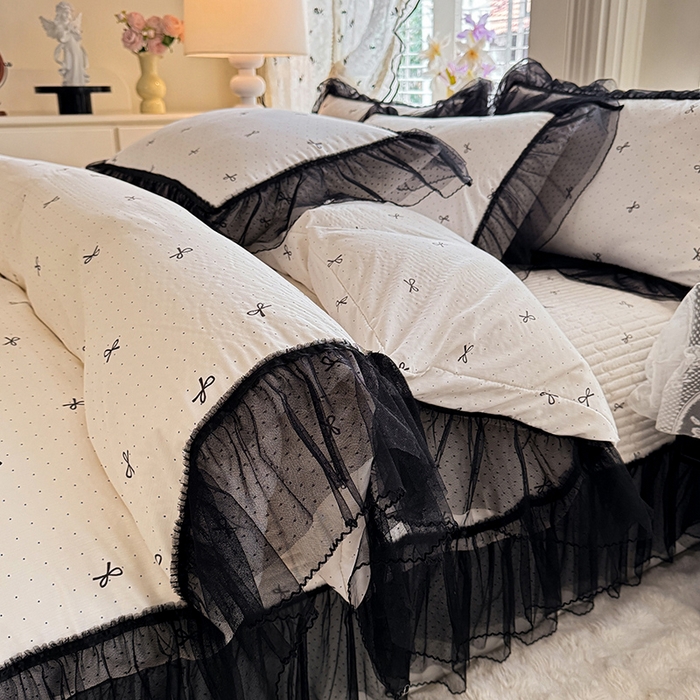 91家纺网 家纺一手货源 找家纺 韩约家纺 2026新款法式双层蕾丝花边古法棉感四件套 浅浅