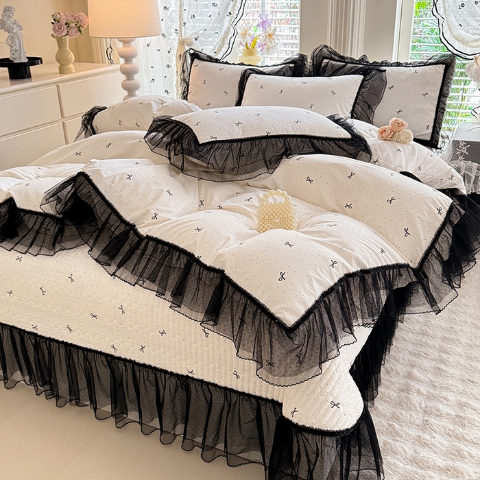 91家纺网 家纺一手货源 找家纺 韩约家纺 2026新款法式双层蕾丝花边古法棉感四件套 浅浅