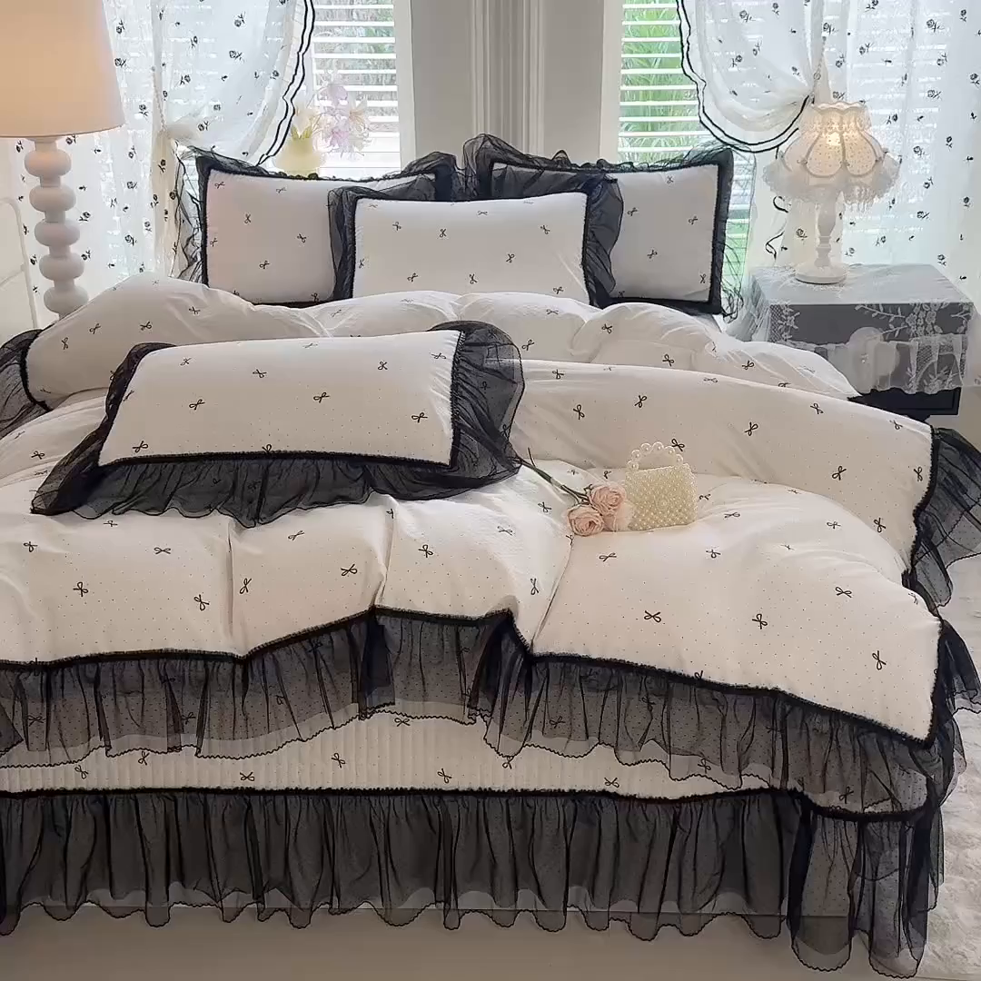 91家纺网 家纺一手货源 找家纺 韩约家纺 2026新款法式双层蕾丝花边古法棉感四件套 浅浅