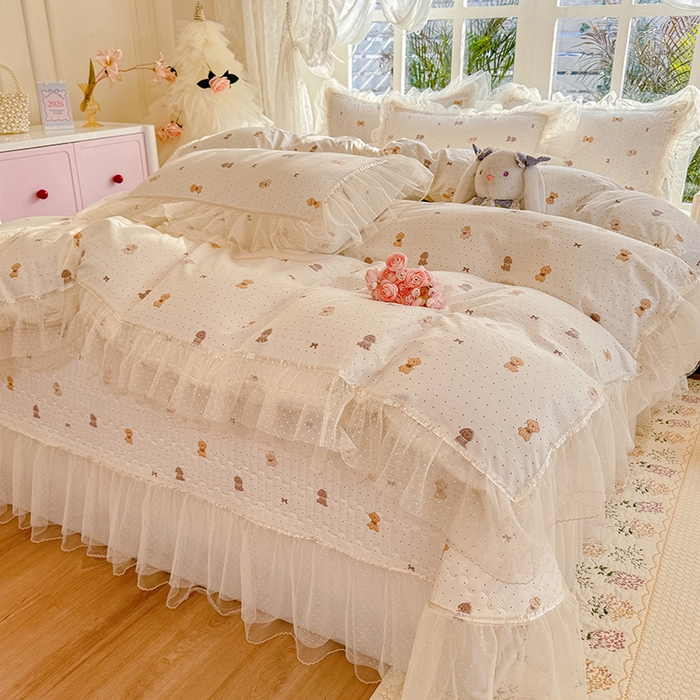 91家纺网 家纺一手货源 找家纺 韩约家纺 2026新款法式双层蕾丝花边古法棉感四件套 童年