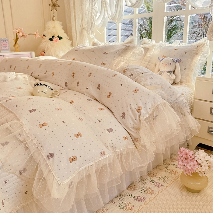 91家纺网 家纺一手货源 找家纺 韩约家纺 2026新款法式双层蕾丝花边古法棉感四件套 童年