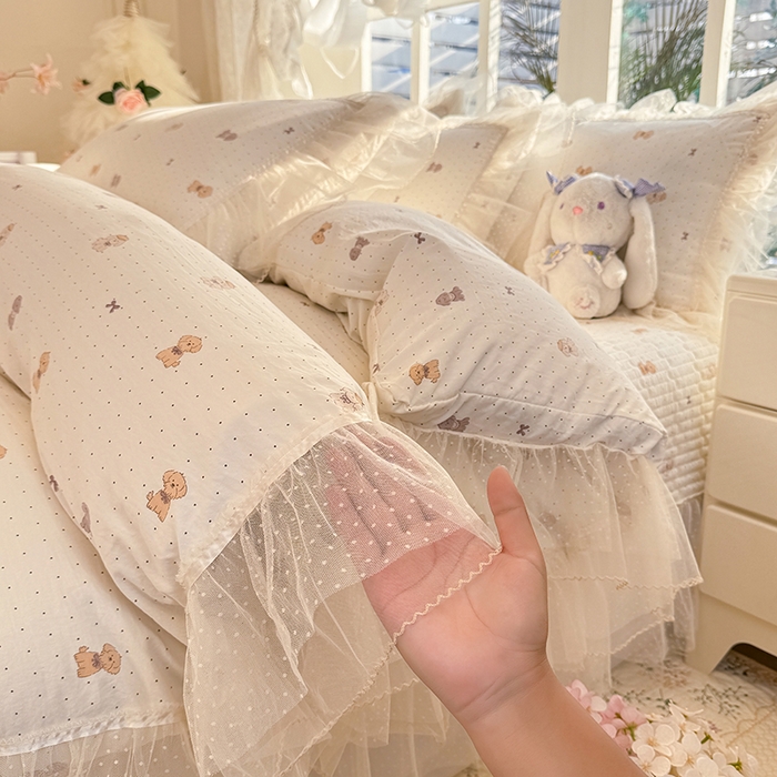 91家纺网 家纺一手货源 找家纺 韩约家纺 2026新款法式双层蕾丝花边古法棉感四件套 童年