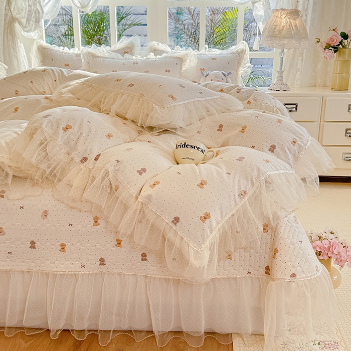 91家纺网 家纺一手货源 找家纺 韩约家纺 2026新款法式双层蕾丝花边古法棉感四件套 童年