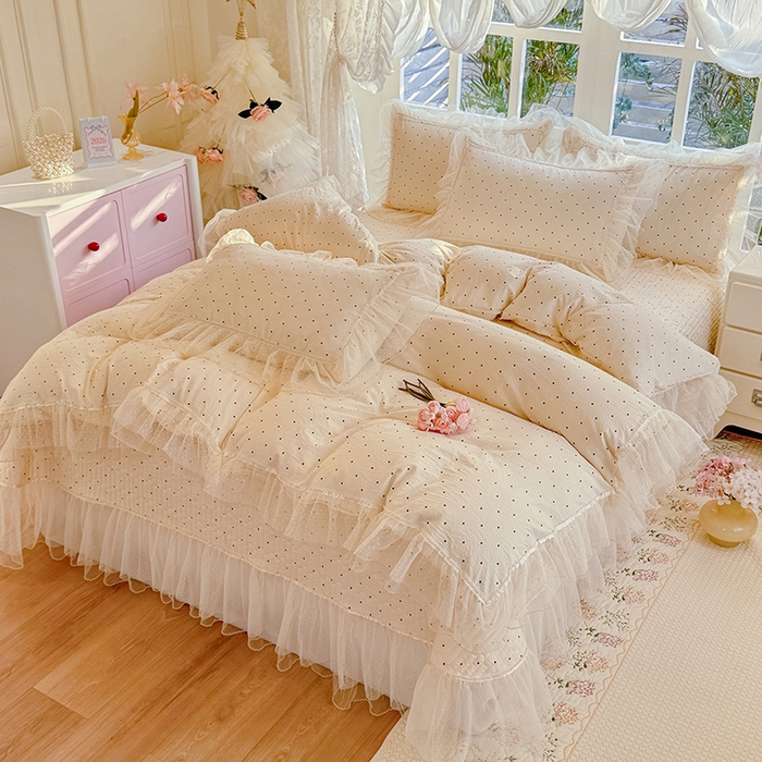 91家纺网 家纺一手货源 找家纺 韩约家纺 2026新款法式双层蕾丝花边古法棉感四件套 夏奇拉