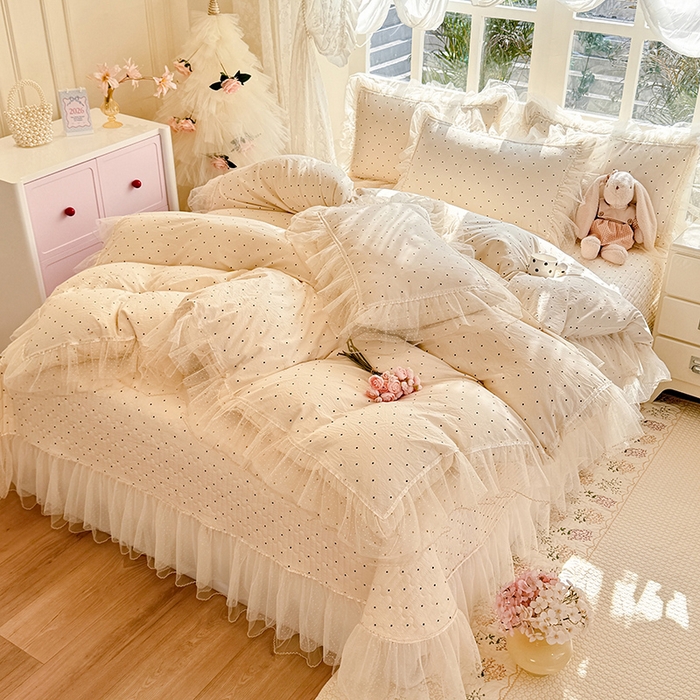 91家纺网 家纺一手货源 找家纺 韩约家纺 2026新款法式双层蕾丝花边古法棉感四件套 夏奇拉