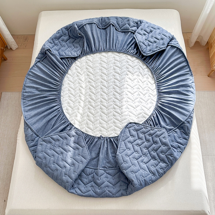 91家纺网 家纺一手货源 找家纺 铭成家纺 2026全棉色织水洗棉夹棉床笠床垫 纯棉素雅-牛仔蓝