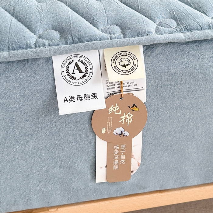 91家纺网 家纺一手货源 找家纺 铭成家纺 2026全棉色织水洗棉夹棉床笠床垫 纯棉素雅-清雅蓝