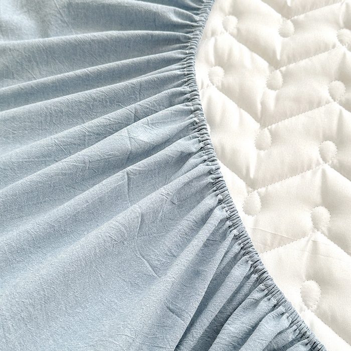 91家纺网 家纺一手货源 找家纺 铭成家纺 2026全棉色织水洗棉夹棉床笠床垫 纯棉素雅-清雅蓝