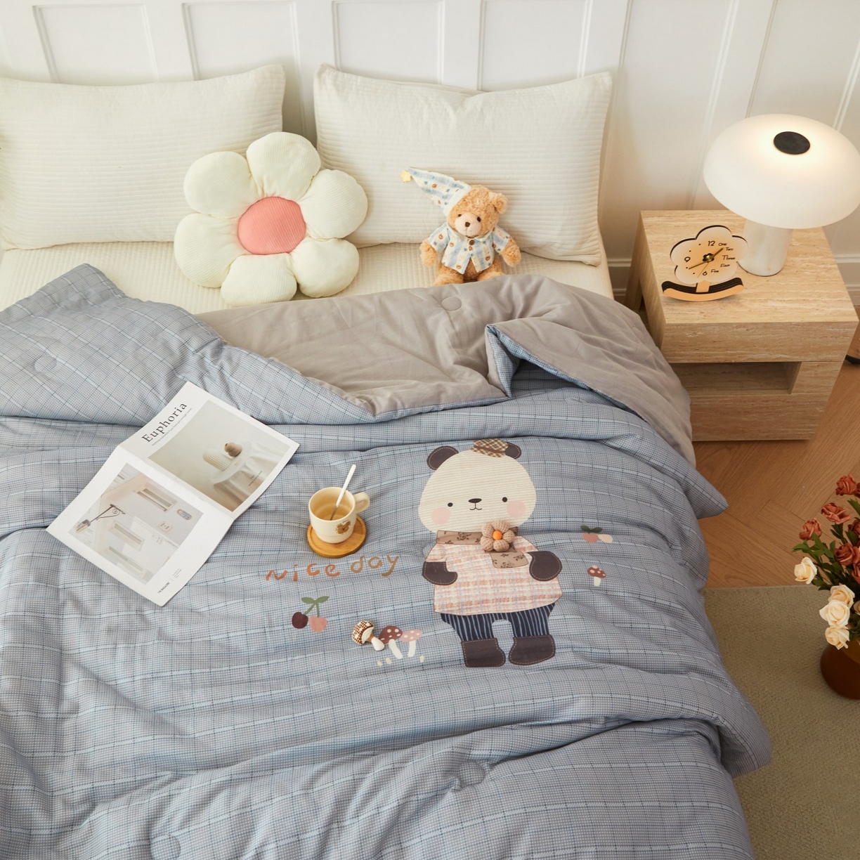 91家纺网 家纺一手货源 找家纺 莎果家纺 2026新款全棉纯棉双层纱春秋被子被芯 蘑菇熊