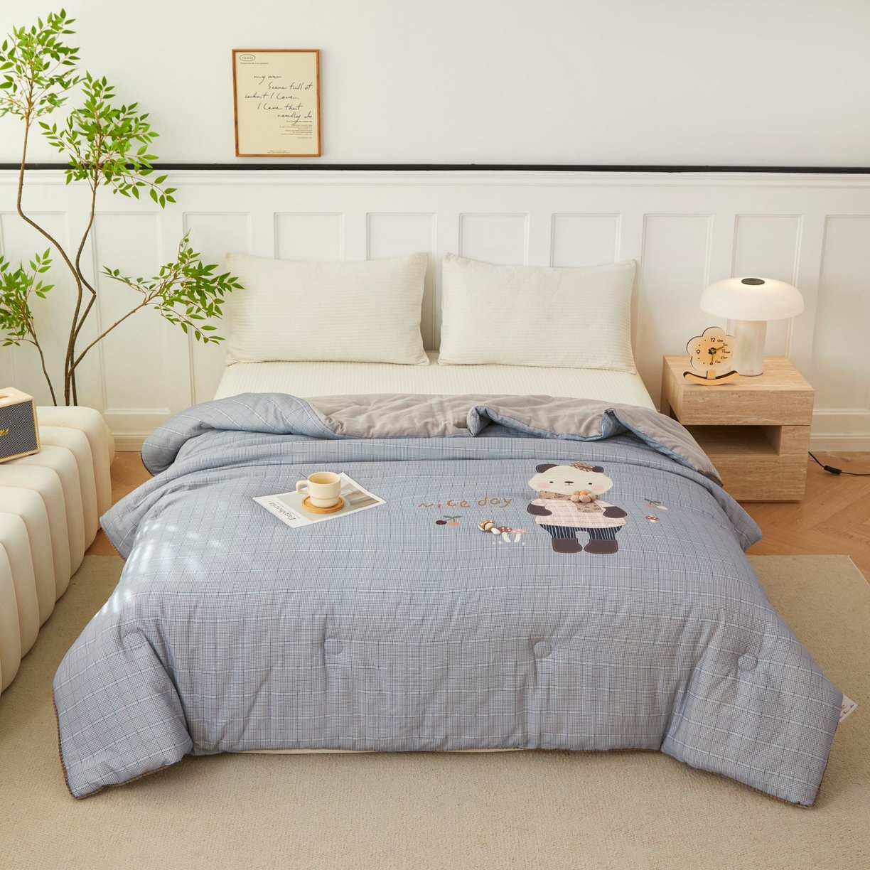 91家纺网 家纺一手货源 找家纺 莎果家纺 2026新款全棉纯棉双层纱春秋被子被芯 蘑菇熊