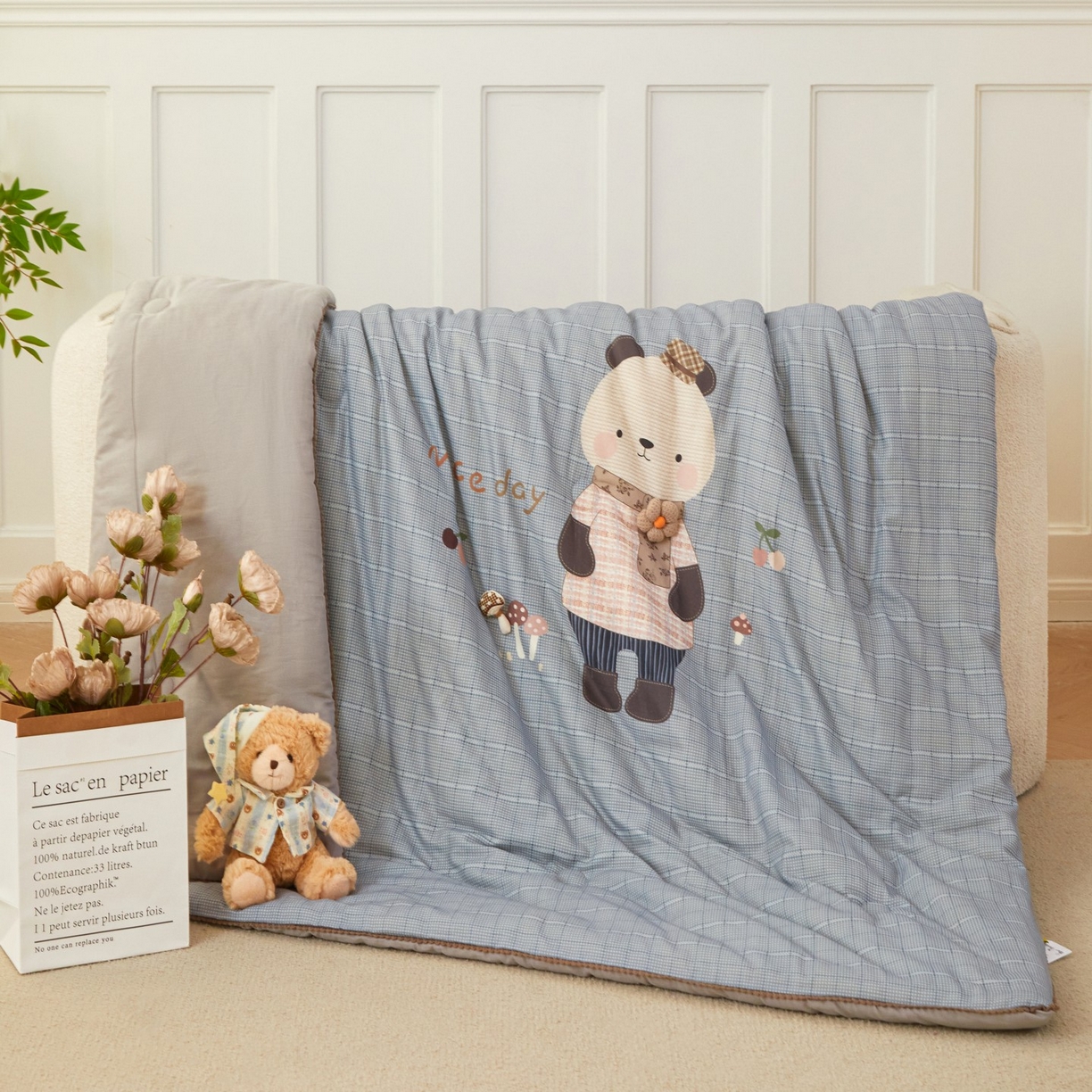 91家纺网 家纺一手货源 找家纺 莎果家纺 2026新款全棉纯棉双层纱春秋被子被芯 蘑菇熊