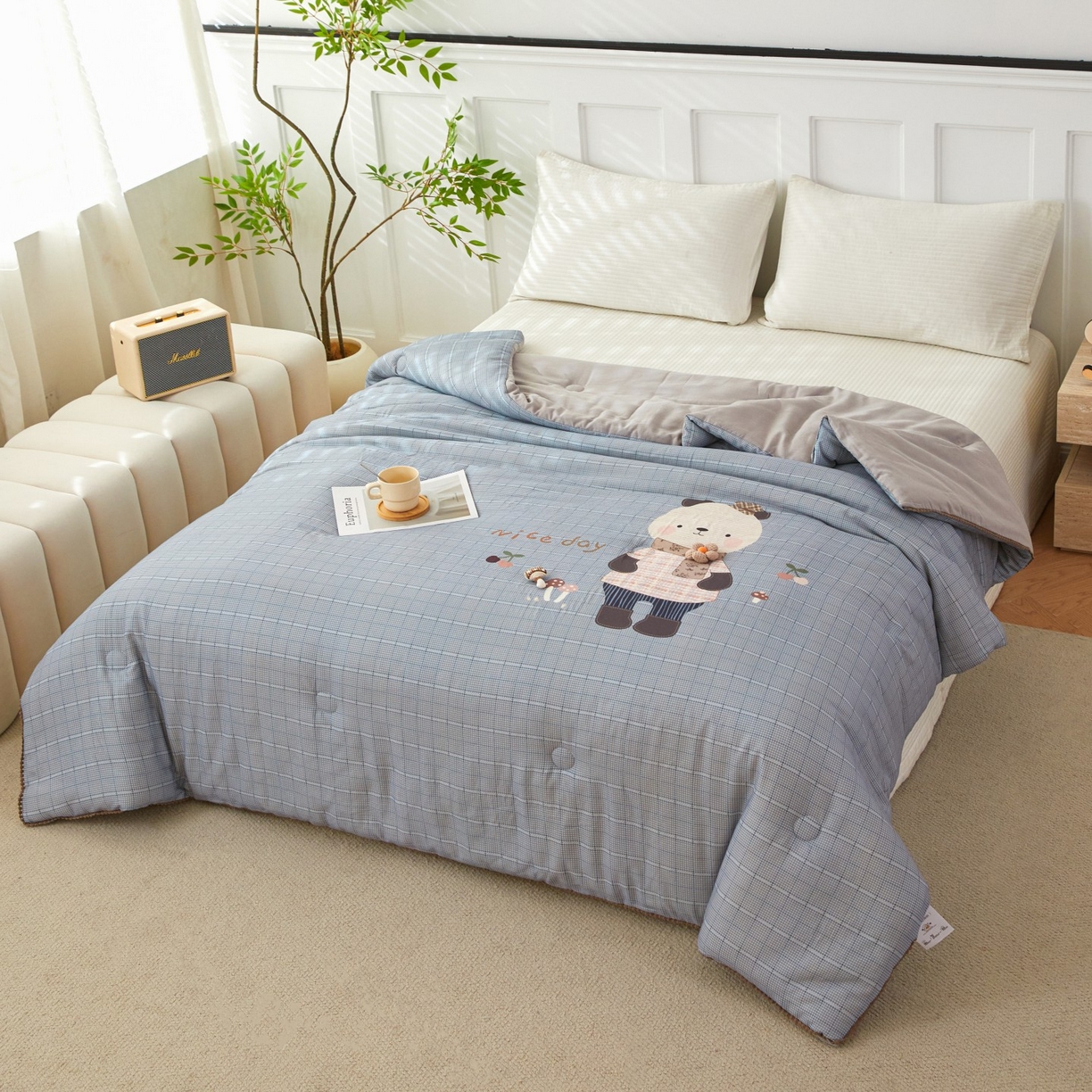 91家纺网 家纺一手货源 找家纺 莎果家纺 2026新款全棉纯棉双层纱春秋被子被芯 蘑菇熊