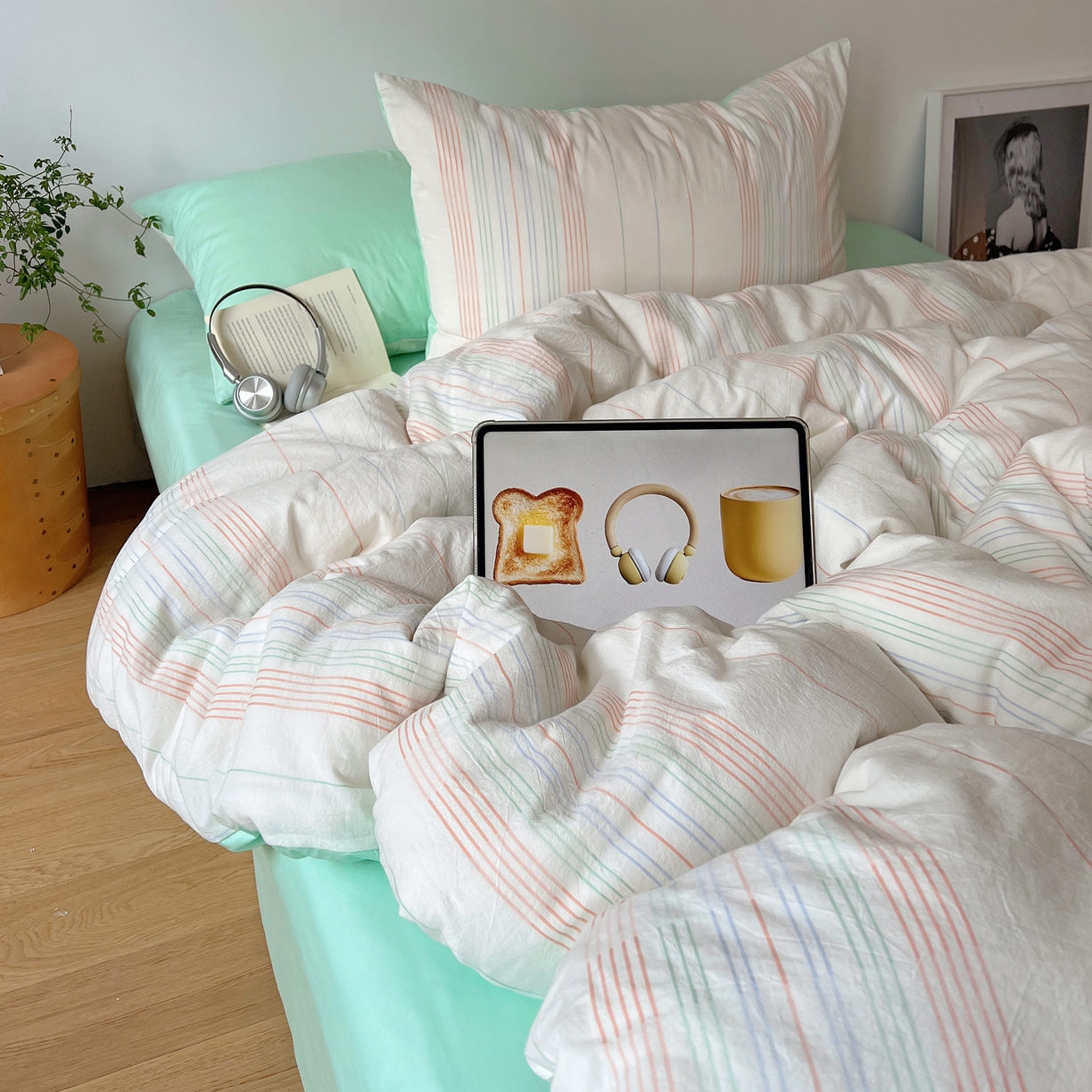 简宜家居（朝初家纺） 2026新款全棉色织小提花简纹系列四件套 简纹-薄荷绿