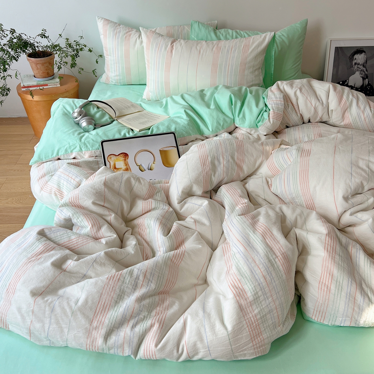 91家纺网 家纺一手货源 找家纺 简宜家居（朝初家纺） 2026新款全棉色织小提花简纹系列四件套 简纹-薄荷绿