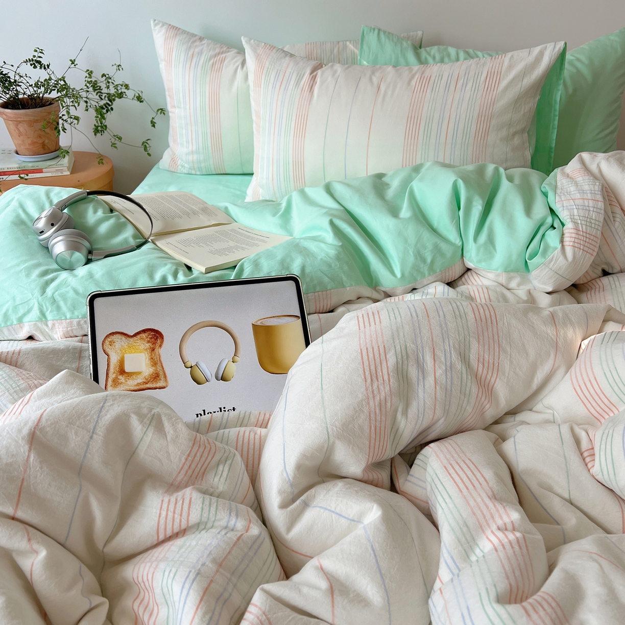 91家纺网 家纺一手货源 找家纺 简宜家居（朝初家纺） 2026新款全棉色织小提花简纹系列四件套 简纹-薄荷绿