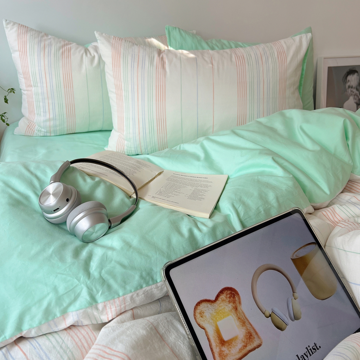 91家纺网 家纺一手货源 找家纺 简宜家居（朝初家纺） 2026新款全棉色织小提花简纹系列四件套 简纹-薄荷绿