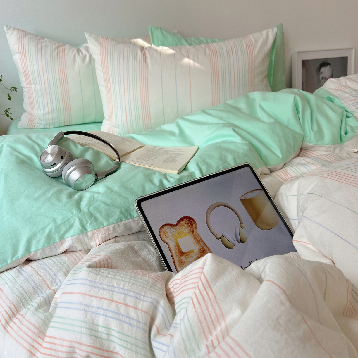 91家纺网 家纺一手货源 找家纺 简宜家居（朝初家纺） 2026新款全棉色织小提花简纹系列四件套 简纹-薄荷绿