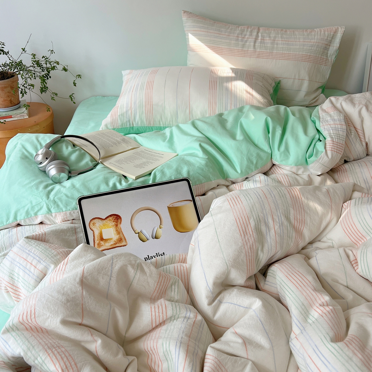 91家纺网 家纺一手货源 找家纺 简宜家居（朝初家纺） 2026新款全棉色织小提花简纹系列四件套 简纹-薄荷绿