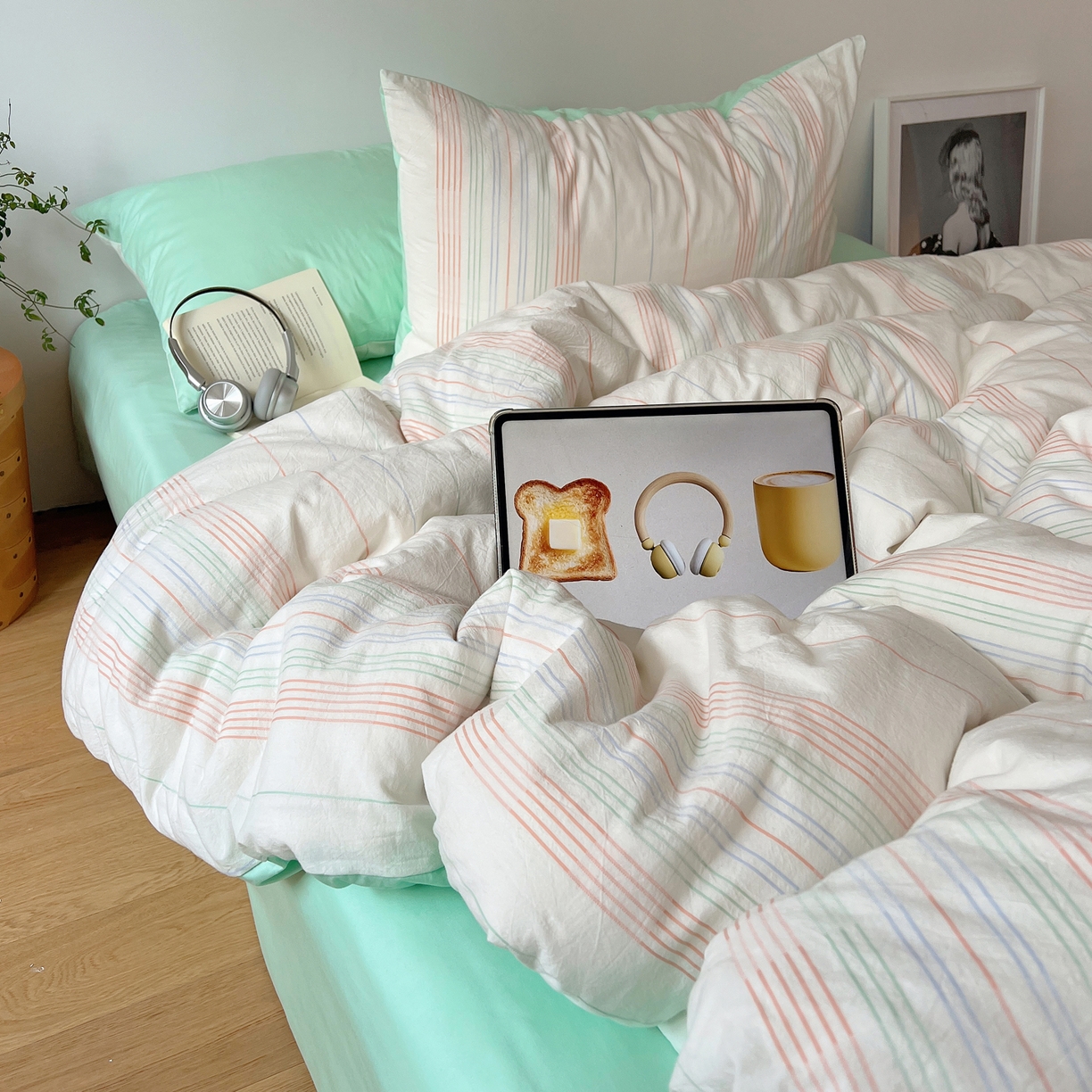 91家纺网 家纺一手货源 找家纺 简宜家居（朝初家纺） 2026新款全棉色织小提花简纹系列四件套 简纹-薄荷绿