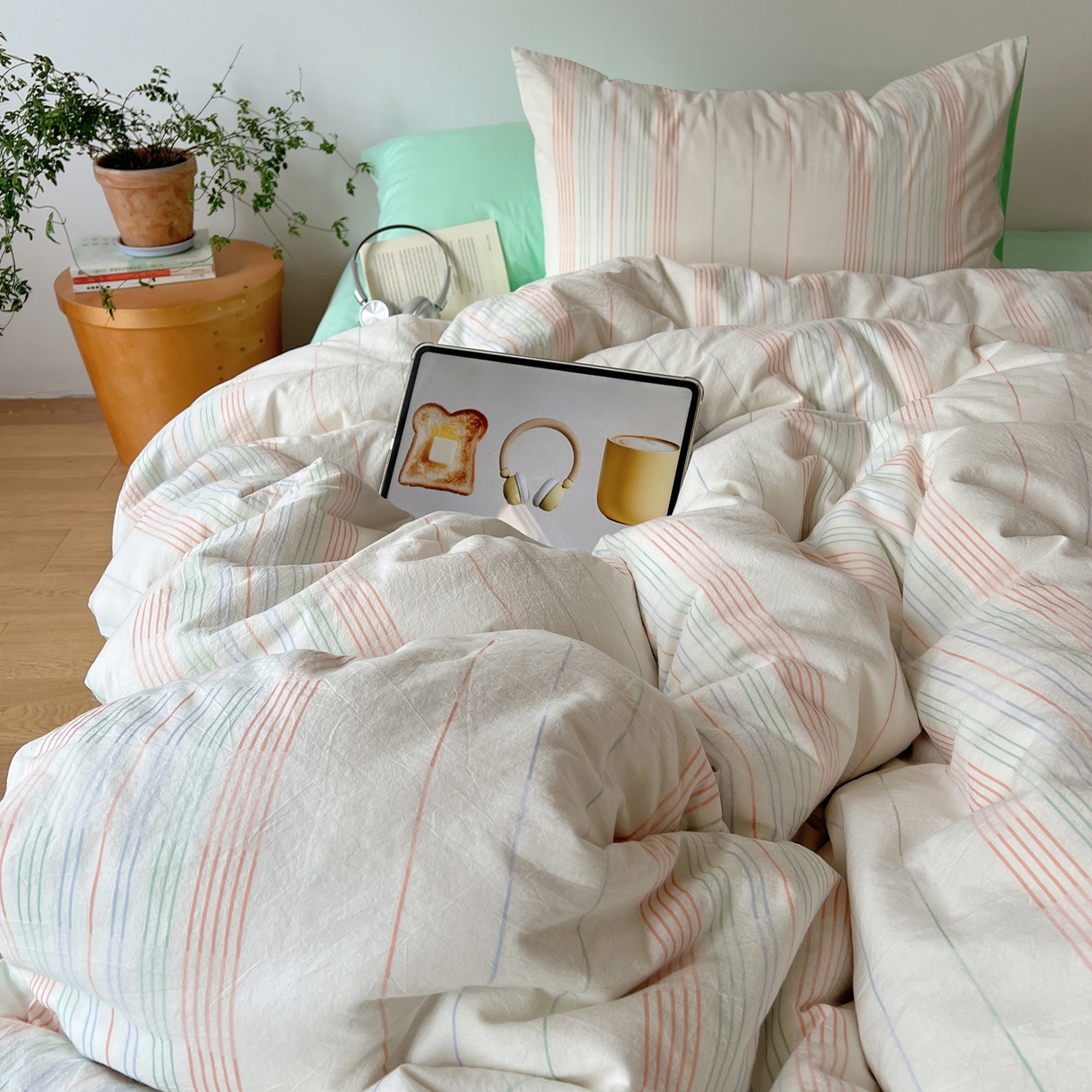 91家纺网 家纺一手货源 找家纺 简宜家居（朝初家纺） 2026新款全棉色织小提花简纹系列四件套 简纹-薄荷绿