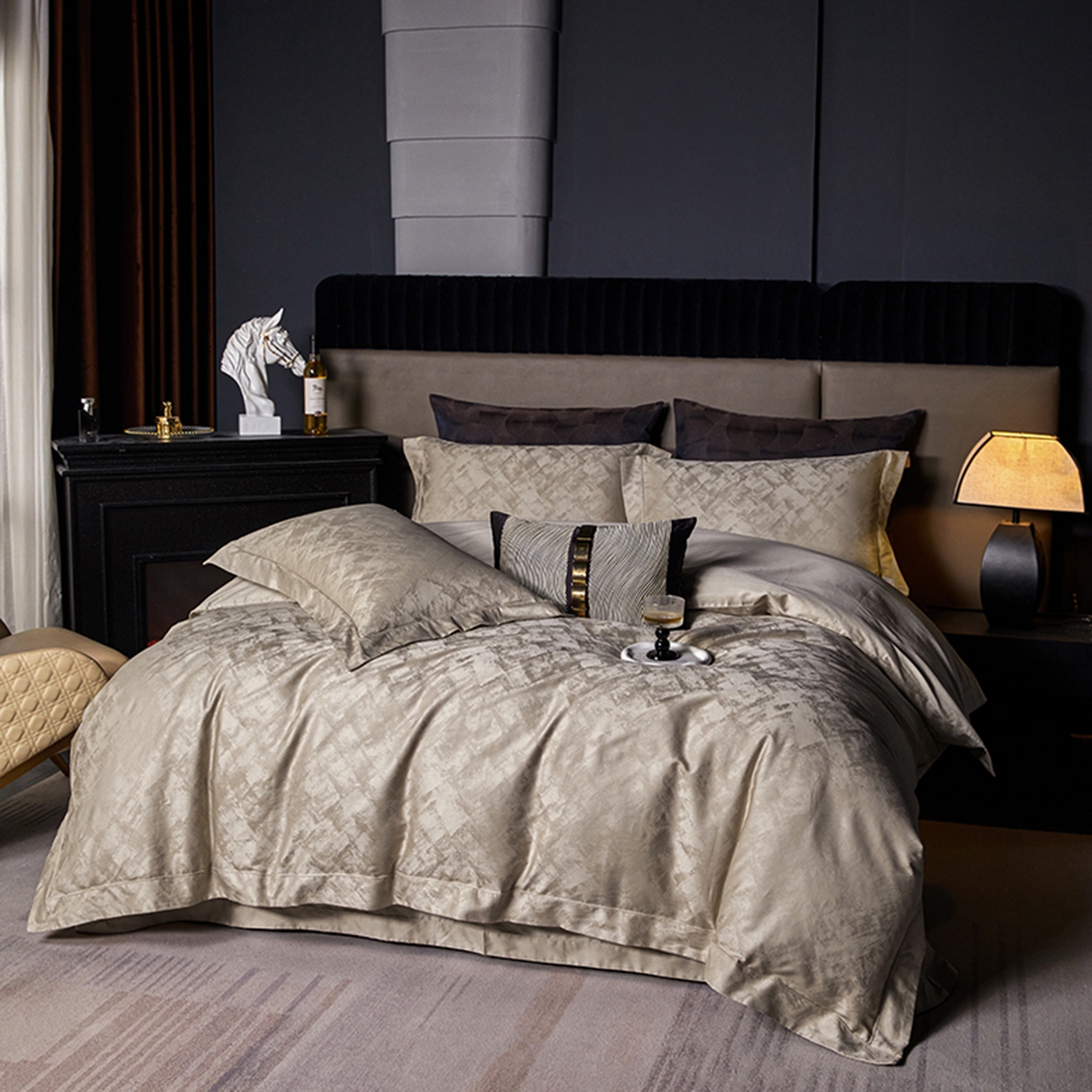 91家纺网 家纺一手货源 找家纺 金纱玉纺家纺 2025新款全棉提花工艺四件套 安吉拉-米咖