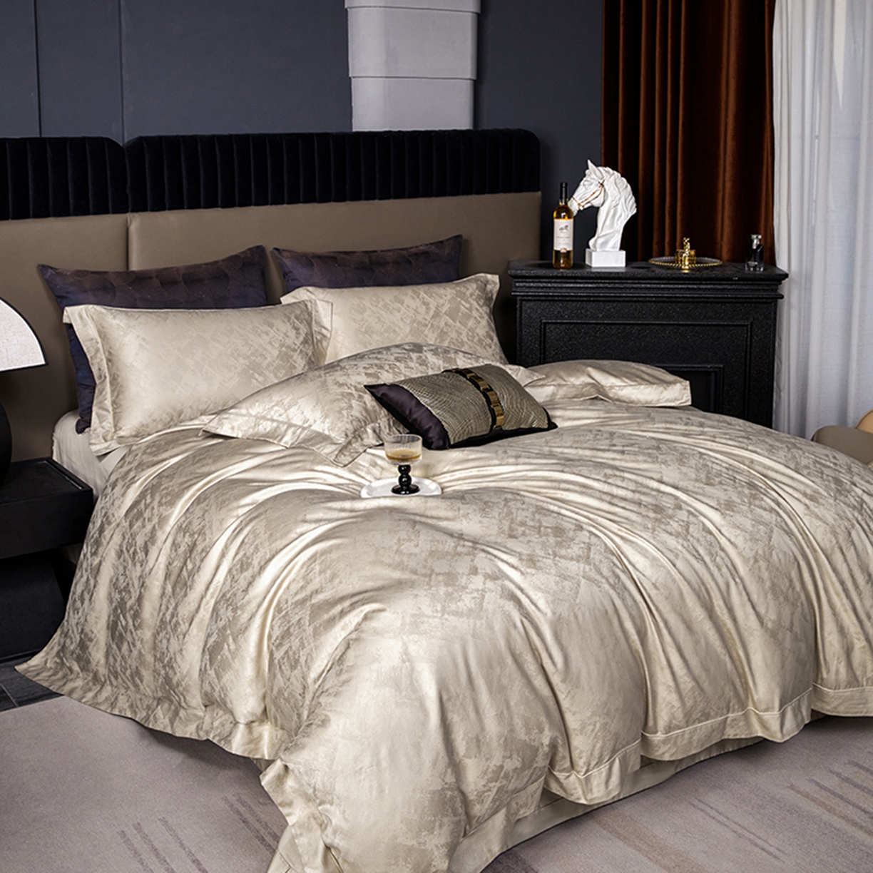 91家纺网 家纺一手货源 找家纺 金纱玉纺家纺 2025新款全棉提花工艺四件套 安吉拉-米咖