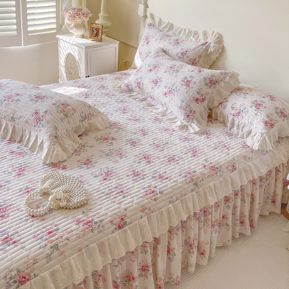 91家纺网 家纺一手货源 找家纺 恋尚 2025新款印花竹节纱床笠款床裙四件套（四件套控价220起） 花浅