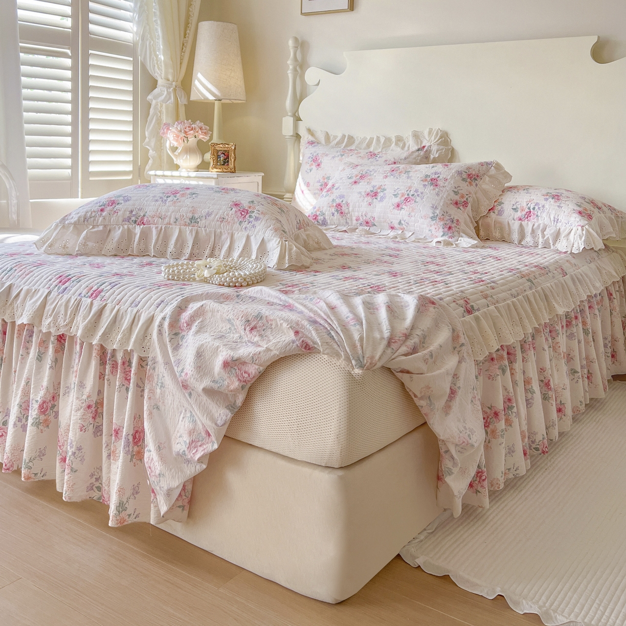 91家纺网 家纺一手货源 找家纺 恋尚 2025新款印花竹节纱床笠款床裙四件套（四件套控价220起） 花浅