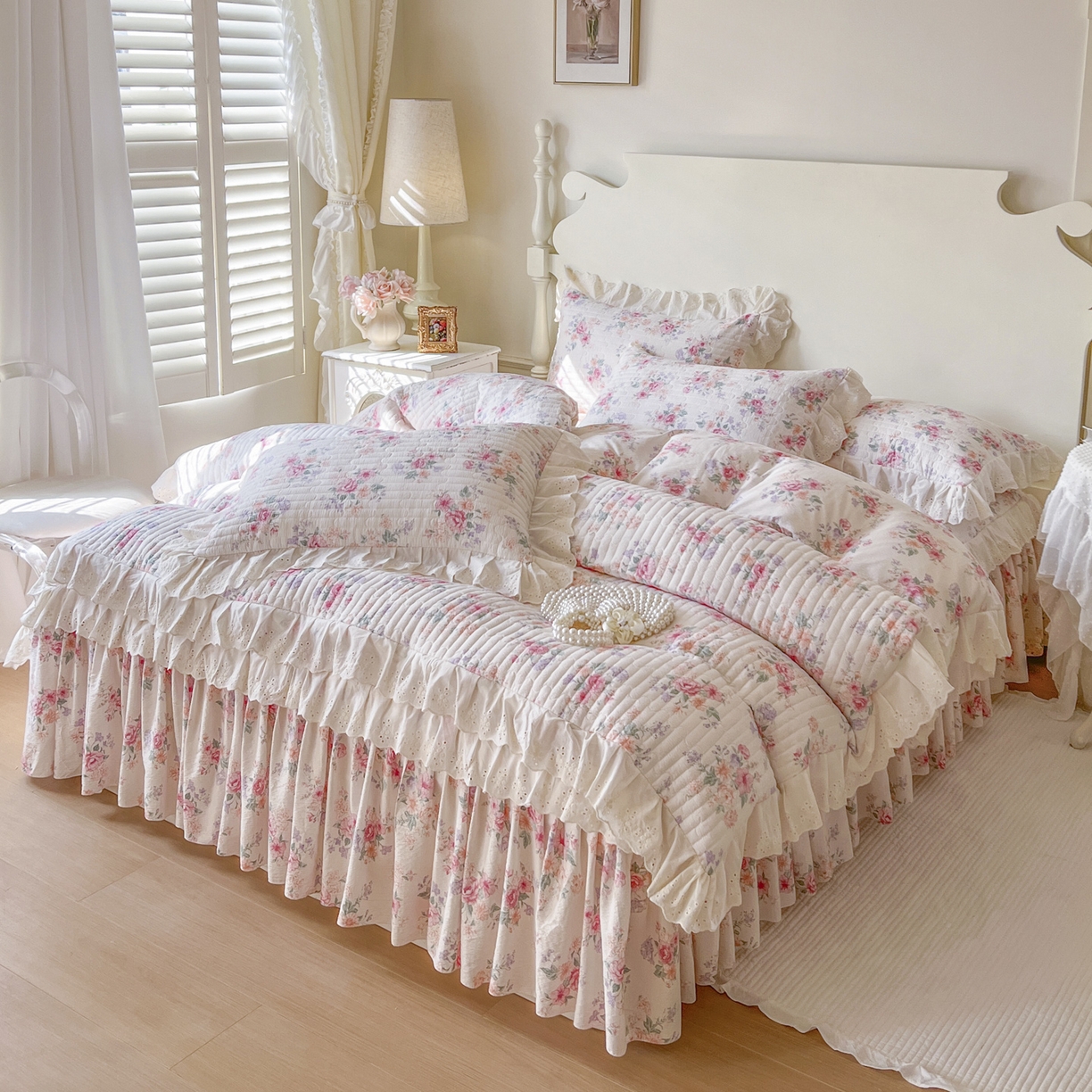 91家纺网 家纺一手货源 找家纺 恋尚 2025新款印花竹节纱床笠款床裙四件套（四件套控价220起） 花浅